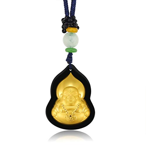 Natural Nephrite Jade Happy Buddha Necklace Pendant Inlaid with 22K Gold Good Luck Charm Jade Jewelry(Happy Buddha)