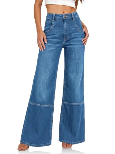 Cicy Bell Womens Bell Bottom Jeans High Waisted Flared Denim Pants Blue
