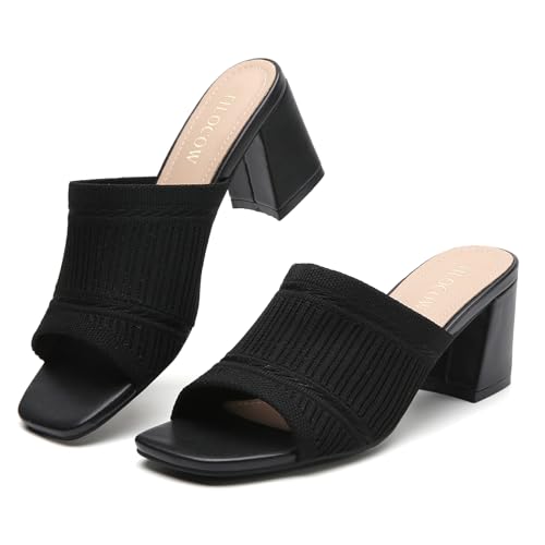 Tilocow Knit Heeled Sandals Chunky Low Block Heel Mules for Women Square Open Toe Heels Slip On Breathable Slides Sandal