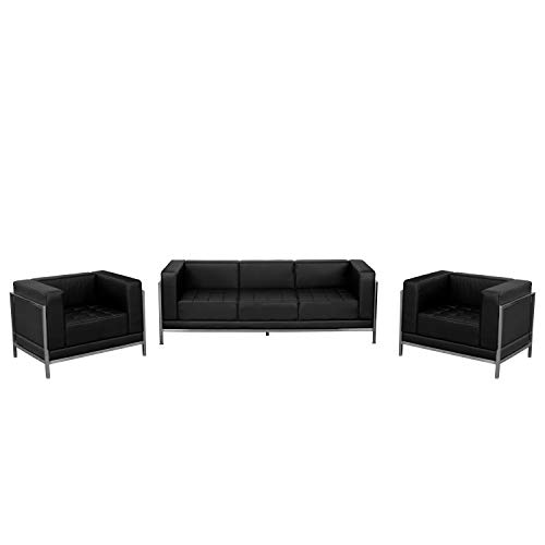 Flash Furniture HERCULES Imagination Series 3 Piece Black LeatherSoft Upholstered Sofa & Chair Set with Stainless Steel Legs