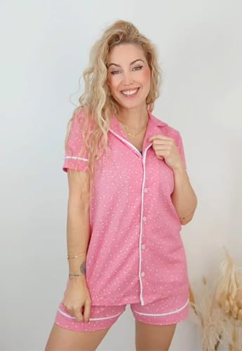 Pijama Algodão Feminino Curto Americano Manga Curta com Botões Verão Adulto indicado Gestante Amamen
