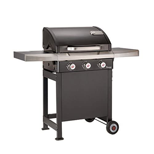 LANDMANN Rexon PTS 3.0 Barbecue à gaz | 3 brûleurs en acier inoxydable réglables en continu | Grilles de cuisson émaillées | Couvercle à double paroi | Avec raccordement au gaz français [Noir]