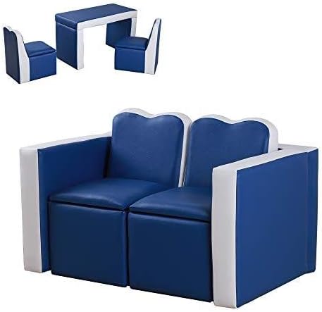 Qaba Kids Sofa Set 2-in-1 Multi-Functional Toddler Table Chair Set 2 Seat Couch Storage Box Soft Sturdy Blue