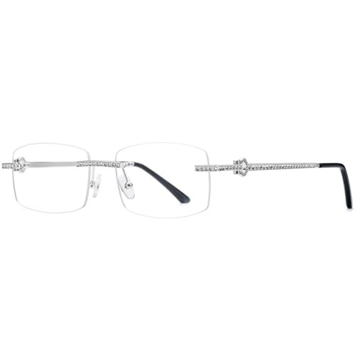 Image of HEPIDEM Vintage Style Rectangular Rimless Metal Eyeglasses for Men,New Frameless Zircon Diamonds Optical Glasses Frame