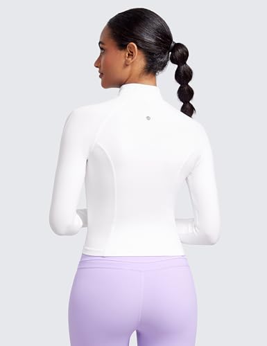 CRZ YOGA Butterluxe Womens Cropped Slim Fit Workout Jackets - Weightless Track Athletic Full Zip Jacket with Thumb Holes White Medium