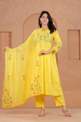 Image of KANCHAN TRADERS Women's Cotton Round Neck 3 /4 Sleeve Chikankari Embroidered Printed Kurta Palazzo with Dupatta Set
