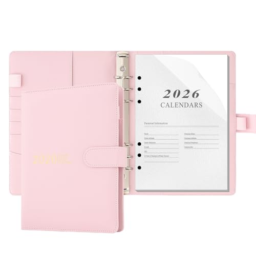 Agenda 2026 A5, agenda diária, agenda 2026, dia por página, de janeiro a dezembro, pasta organizadora de capa dura com decalques para planejador, suporte para canetas, bolso interior (rosa)