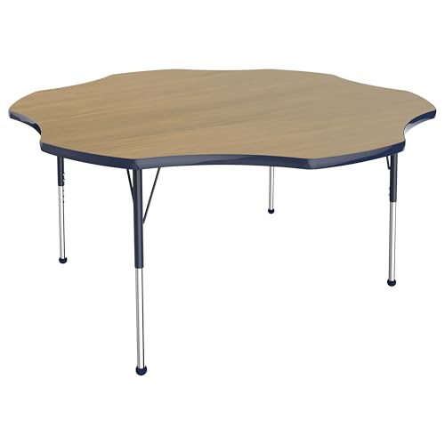 Image of FDP Flower (60 x 60 inch) Collaborative Classroom Table with Adjustable Standard Ball Glide Legs (19-30 in); School and Office Furniture - Pasadena Oak Top /Navy Edge and Legs