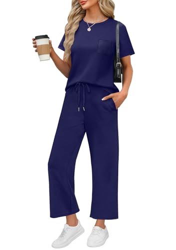 Image of WIHOLL 2 Piece Sets for Women Casual Summer Travel Vacation Outfits Short Sleeve Wide Leg Crop Pants Lounge Sets