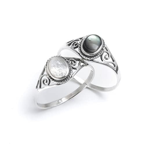 Silverly Bague en Argent Sterling avec Filigrane de Nacre Ovale Encadrée D'Une Corde pour Femme | Bague Cabochon en Argent 925 de Style Vintage avec Bande à...