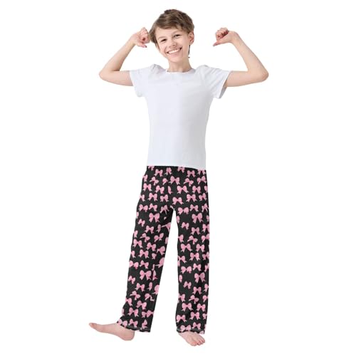 Pajama Pants Sleep Pants Soft Elastic Waist Pajama Lounge Pants Pink Bow Black Background for 6-14 Years Old3