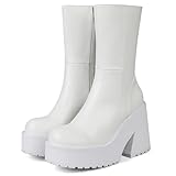 AMINUGAL Womens Wedge Heel Ankle Boots Platform Zipper Punk Motorcycle Booties Chunky Block High Heel Round Toe Fashion Work Combat Boots Mid Calf For Women