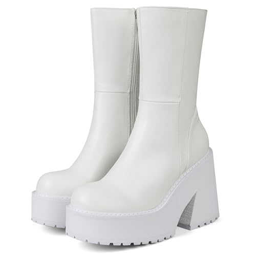 AMINUGAL Womens Wedge Heel Ankle Boots Platform Zipper Punk Motorcycle Booties Chunky Block High Heel Round Toe Fashion Work Combat Boots Mid Calf For Women