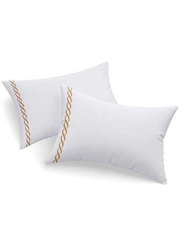 Linenwalas 400 Thread Count White Wave Embroidery Pillow Covers | Softest Long Staple 100% Cotton Silky Soft - Standard (17"x27") - Gold Wave Embroidery