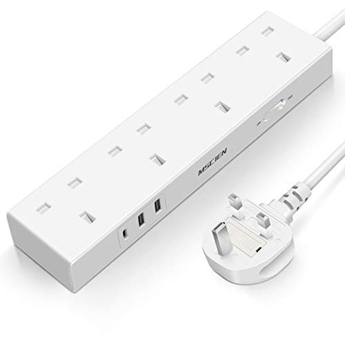 5M Extension Lead With USB Slots, Mscien 4 Way Outlets Power Strip With 1 USB-C And 2 USB Ports, Overload Protection Long Extension Cord Plug Extension Socket For Home Office, White