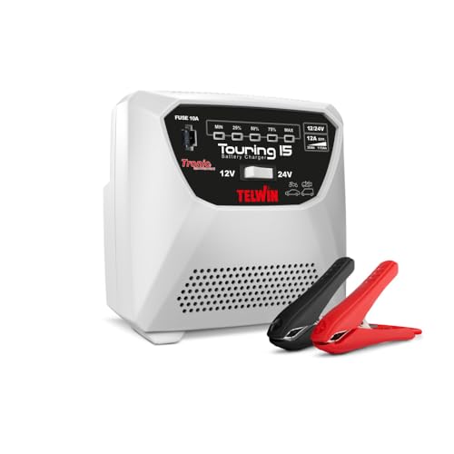 Telwin TOURING 15 Caricabatterie e Mantenitore di Carica per Batterie 12V/24V, tecnologia TRONIC, con pinze