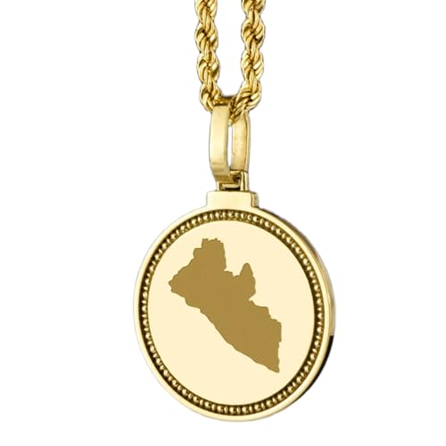 WORLD WIDE GEMS Pendentif rond en argent sterling 925 gravé d'une carte du Libéria (25 mm), plaqué or, bijou de voyage unisexe | WW_EGMP_0006