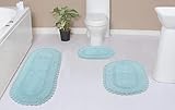 Home Weavers Hampton Crochet Reversible Bathmat 100% Cotton Bathroom Rugs Set, Washable Rug, Extra Soft and Absorbent Bath Rug, Kitchen Mat, Bath Mat Set, Mat Non Slip, 3 Piece Set with Runner, Aqua