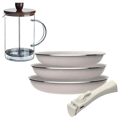 Juego de 3 sartenes San Ignacio Ø18Ø20Ø24cm aluminio prensado, antiadherente con mango extraíble+Cafetera de émbolo de vidrio borosilicato