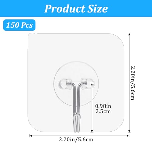 Image of MAQUITA 150 Pack Heavy Duty Adhesive Hooks, 24lb Max Clear Sticky Hooks for Walls, No Drill Reusable Transparent Hanging Hook for Kitchen, Bathroom, Office & Home Organization