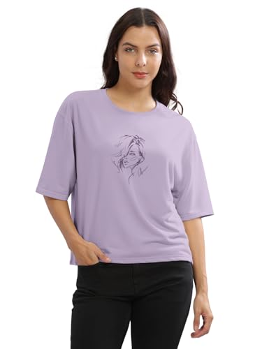Image of HELLCAT Beige Printed Loose Fit Crew-Neck Crop T-Shirt for Women