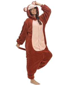 chuangminghangqi Einteiliger Schlafanzug Damen Lang Winter Einteiler Tierkostüm Erwachsene Kostüm Jumpsuit Damen Kuschelig Pyjama Fleece Onesie Kleidung Mit Kapuze und Reißverschluss (Affe-7132, XL)
