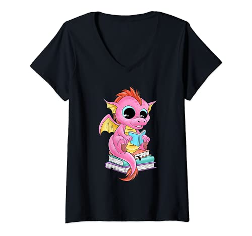 Femme Dragon And Books Shirt Bookworm Kawaii Manga Reading T-Shirt avec Col en V