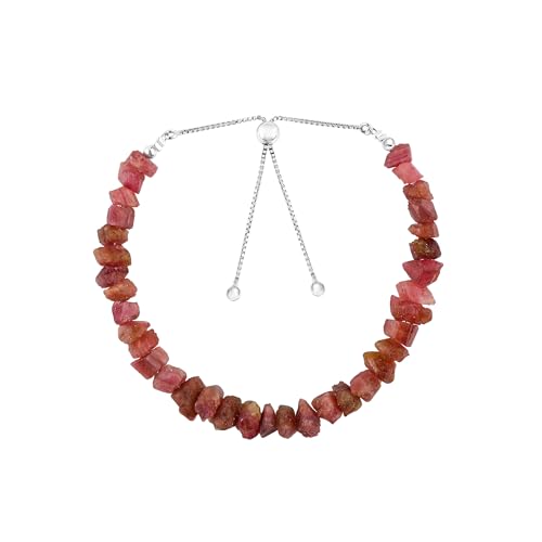 CRYSTALINES Genuine Raw Pink Tourmaline Gemstones Bolo Bracelet, Handmade Bohemian Jewelry, Rough String Stones, Adjustable Silver Chain, Chakra & Healing Crystals, Gift for Women (Size-10inch)