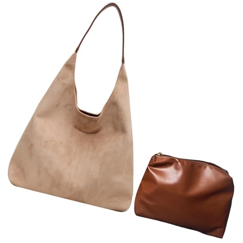 Grand sac à bandoulière souple en lot de 2 avec pochette maquillage marron