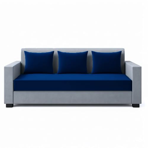 Image of FURNY Lexon 5 Seater Fabric 3+1+1 Sofa Set (Dark Blue-Light Grey) Premium Velvet Finish | Durable & Comfortable | Ideal for Living Room