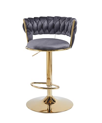 Image of Creative Grey Velvet Bar Chair | Modern Adjustable Bar Stool for Home, Kitchen & Bar Use | Electroplated Metal Base | 1.87 Feet Seat Height | Tufted Design | Qty 2
