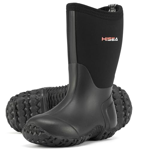 HISEA Kids Rain Boots Waterproof Neoprene Rubber Mud Boots Youth Rainboots Mid Calf Rain Shoes for Toddlers Kid Children Boys & Girls Outdoor Fishing Hiking Camping Garden Barn Farming Water Shoes
