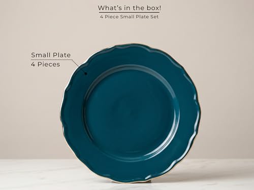 Image of Bodhi House 4-Piece Gold Rim Porcelain Quarter Plates Set | Snack & Dessert Plates | Lightweight, | Dishwasher Safe | Elegant Tableware for Dining, Parties & Gifting | Teal