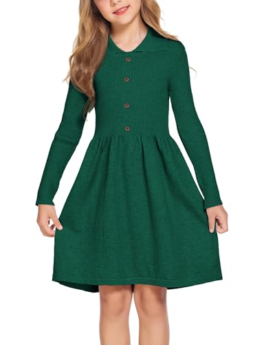 Flypigs Girls Long Sleeve V-Neck Sweater Dress - Casual Knitted Dresses for Autumn Winter - Festive Christmas Dress - Green, 9-10 Years