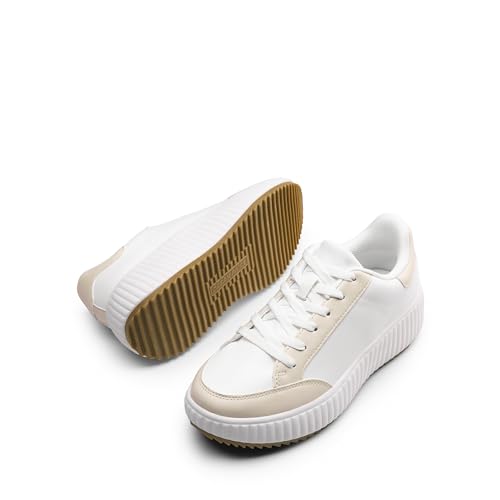 DREAM PAIRS DREAM PAIRS Women Platform Chunky Lightweight Comfortable Casual Faux Leather Lace Up Dee Walking Fashion Sneakers,Size 10,White/Apricot,SDFN2413W
