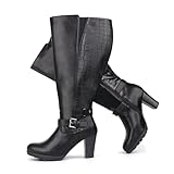 Chicblooms Women's Plus Size Extra Wide Calf High Heel Dress Boots with Ankle Buckle, Black PU, 8 M US