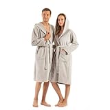ENGLISH HOME flauschig Bademantel Damen, Bademantel Herren mit Kapuze aus Baumwolle, Frottee Saunamantel, Unisex, Sauna Mantel Damen mit lang Gürtel, L-XL Grau