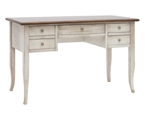 Vicentini arreda SCRIVANIA SCRITTOIO IN LEGNO SHABBY CHIC BICOLORE BIANCO ANTICATO E NOCE (L 105 P 56 H 81)