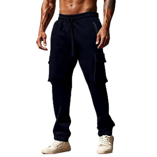 Men's 2026 Fashion Sweatpants Loose Fit Fleece Cargo Joggers with Zipper Pockets Comfy Open Bottom Gym Hiking Pant Navy Sweat Pants Mens L
