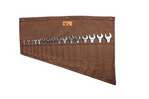 BULL TOOLS Tool Pouch Roll Up Organizer, 16 Pockets for SAE & Metric Wrenches, Handcrafted Heavyweight Cotton Canvas, Durable & Portable Tool Bag - Cinnamon Brown (Tools Not Included)
