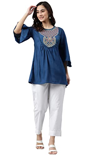 Image of Janasya Women's Blue Rayon Tunic