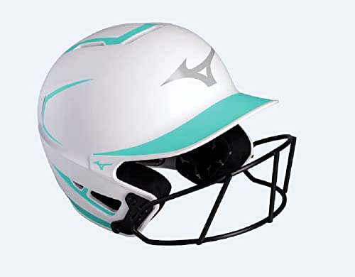 Mizuno F6 Adult Fastpitch Softball Batting Helmet with Mask, White-Mint, Small/Medium by Mizuno - Used condition - US$20.31