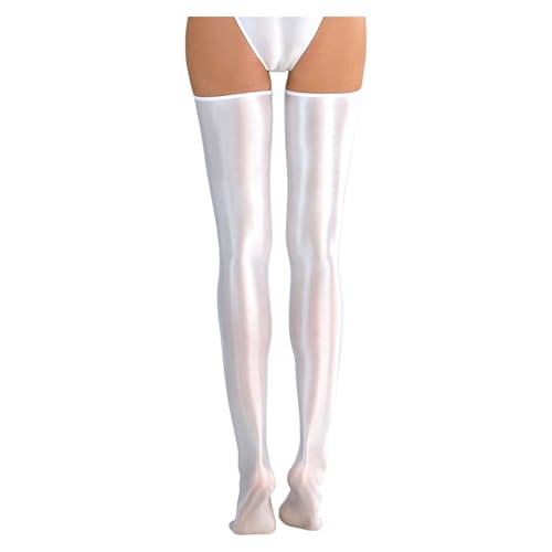 Mens Sissy High Over Knee Glossy Oil Shiny Stocking Femboy Thigh High Stockings for Cross-dressing (US Alpha One Size Regular Regular White)