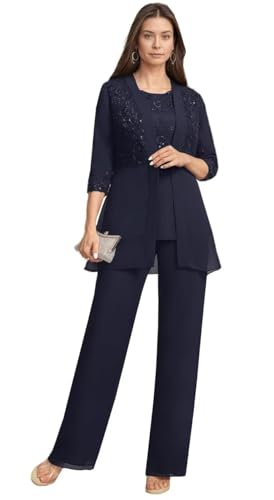 Elegant Navy Blue Mother of the Bride Pant Suit | 3-Piece Chiffon & Lace Formal Outfit by WinKitor