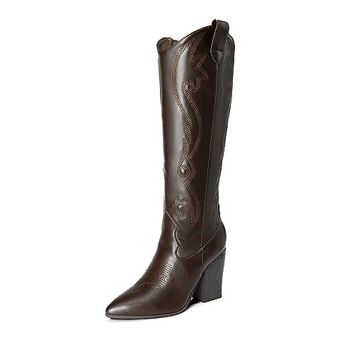 Image of DREAM PAIRS Cowboy Boots For Women, Comfortable Pull On Zipper Chunky Heel Pointed Toe Embroidered Western Cowgirl Knee High Boots