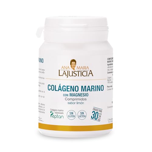 Ana Maria Lajusticia   Colágeno marino con magnesio – 180 comp (sabor limón). Articulaciones fuertes y piel tersa. Regenerador de tejidos con colágeno hidrolizado tipo 1 y 2. Envase para 30 días.
