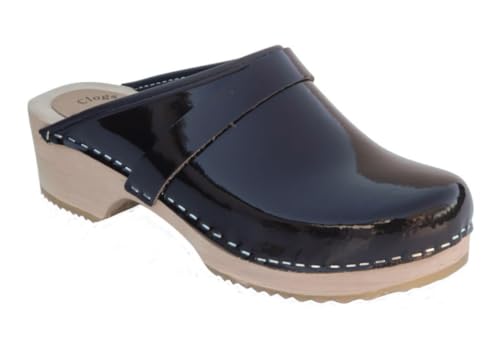 Sabots suedois adultes cuir vernis noir Scandibay avec semelle bois PU 45