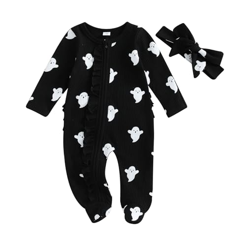 Newborn Baby Girl Halloween Outfit Ghost Print Ruffled Zipper Long Sleeve Romper Jumpsuit Infant Fall Clothes Headband