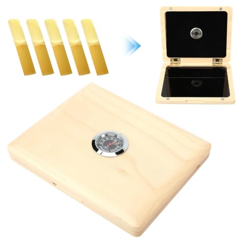 Étui pour Anches de Clarinette pour Saxophone, Boîte de Rangement en Bois Massif à 5 Anches avec Hygromètre, Bande de Caoutchouc et Interrupteur Magnétique(Couleur du bois) – vue 2