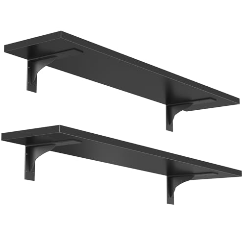 Image of HOOBRO Floating Shelves for Wall, 23.6 inch Wall Mounted Shelves Set of 2, Hanging Storage Shelf with Metal Brackets, Wooden Shelf for Living Room, Bedroom, Bathroom, Black BK62BJP201G1